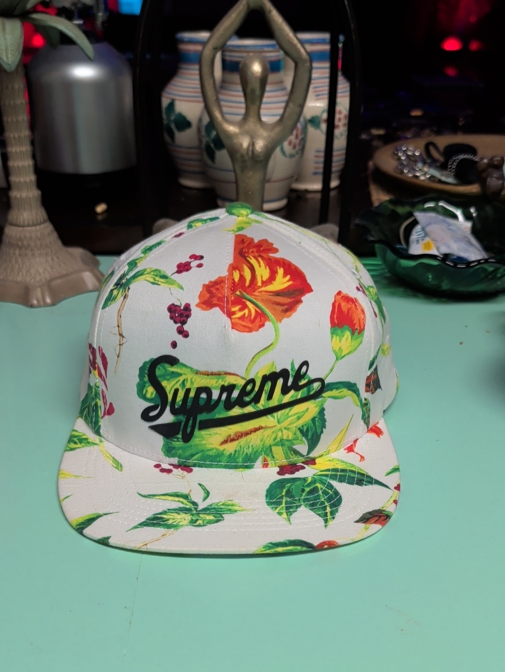 Supreme White Snapback with Green Leaves & Red Floral Print